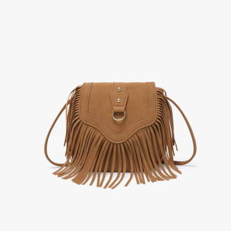 Sac rond pour femme en cuir uni à pompons style bohème