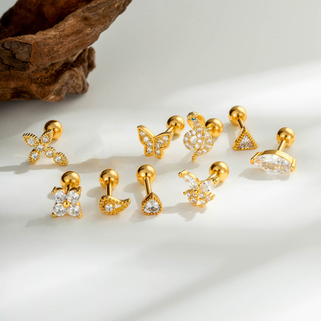 Boucles d'oreilles piercing pour femmes, collection Simple, en forme de cœur, croix, triangle, serpent et papillon, couleur cuivre et or, avec zircon.