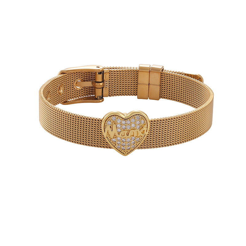 Bracelet Chaîne Femme Simple Series Retro Avec Lettre Cœur Et Cercle En Acier Titane Couleur Or Et Zircon 