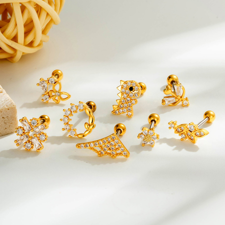 Boucles d'oreilles piercing femme, motif papillon et fleur simple, couleur cuivre doré, zircon.