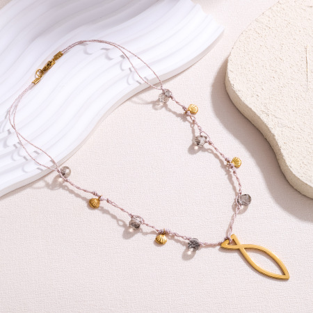 Colliers tressés pour femmes, style romantique et doux, avec motif de poisson, en acier inoxydable étanche couleur or 2