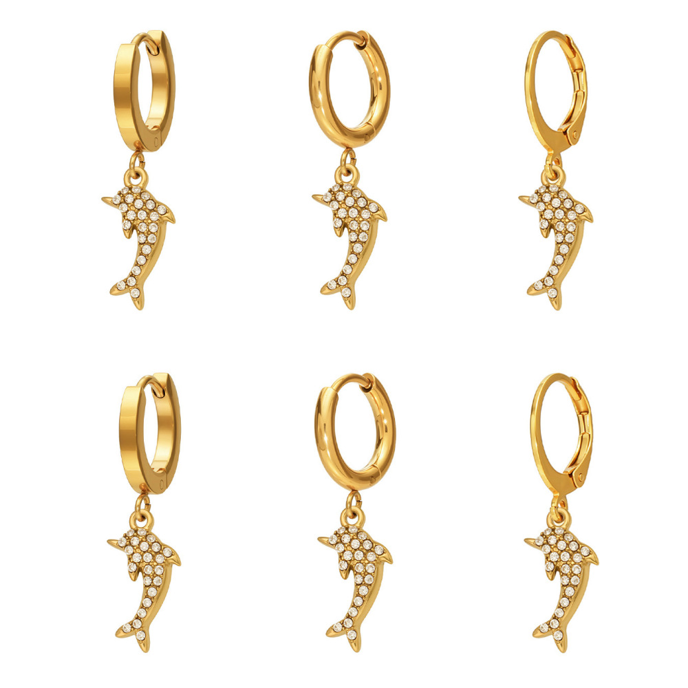 Boucles D'Oreilles Pendantes Pour Femme, Style Océanique, En Acier Inoxydable, Étanches, Couleur Or, Avec Zircon Et Motif Dauphin Mignon Image4