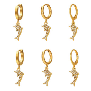Boucles D'Oreilles Pendantes Pour Femme, Style Océanique, En Acier Inoxydable, Étanches, Couleur Or, Avec Zircon Et Motif Dauphin Mignon h5 Image4
