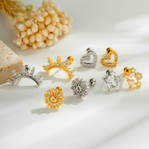Boucles D'Oreilles Piercing Femme, Forme Simple Cœur Et Étoile, Zircon Couleur Cuivre Doré h5 Image6