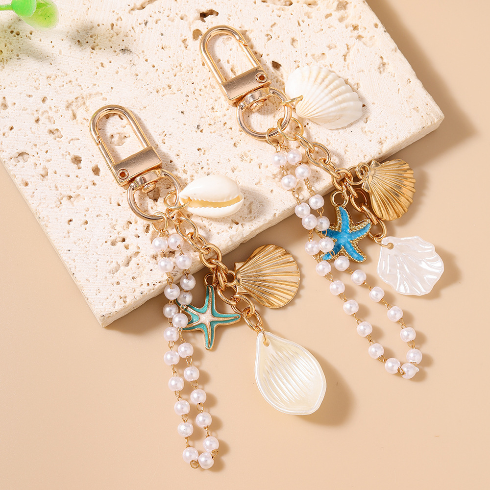 Porte-Clés Romantique Et Décontracté Style Océanique, Chaîne En Perles, Coquillage, Étoile De Mer Et Métal. Image2