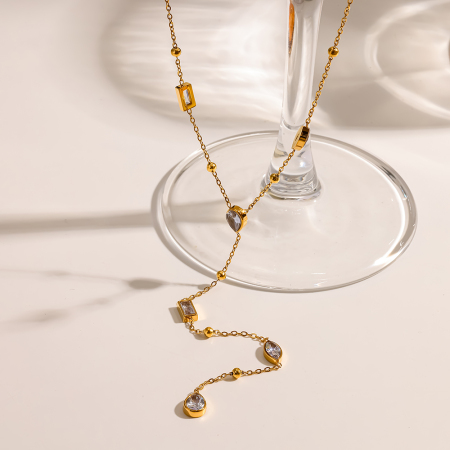 Collier Pendentif Femme En Acier Inoxydable Doré, Forme Géométrique, Chaîne Goutte Classique, Zircon, Étanche