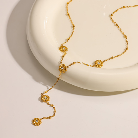Colliers Pendentifs Romantiques Et Élégants En Acier Inoxydable, Couleur Or, Avec Zircon Et Motif Floral, Pour Femmes
