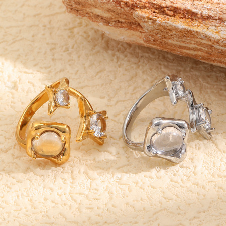 Bagues pour femmes en acier inoxydable doré, étanches, de forme irrégulière et serties de zircon, collection Luxueuse.