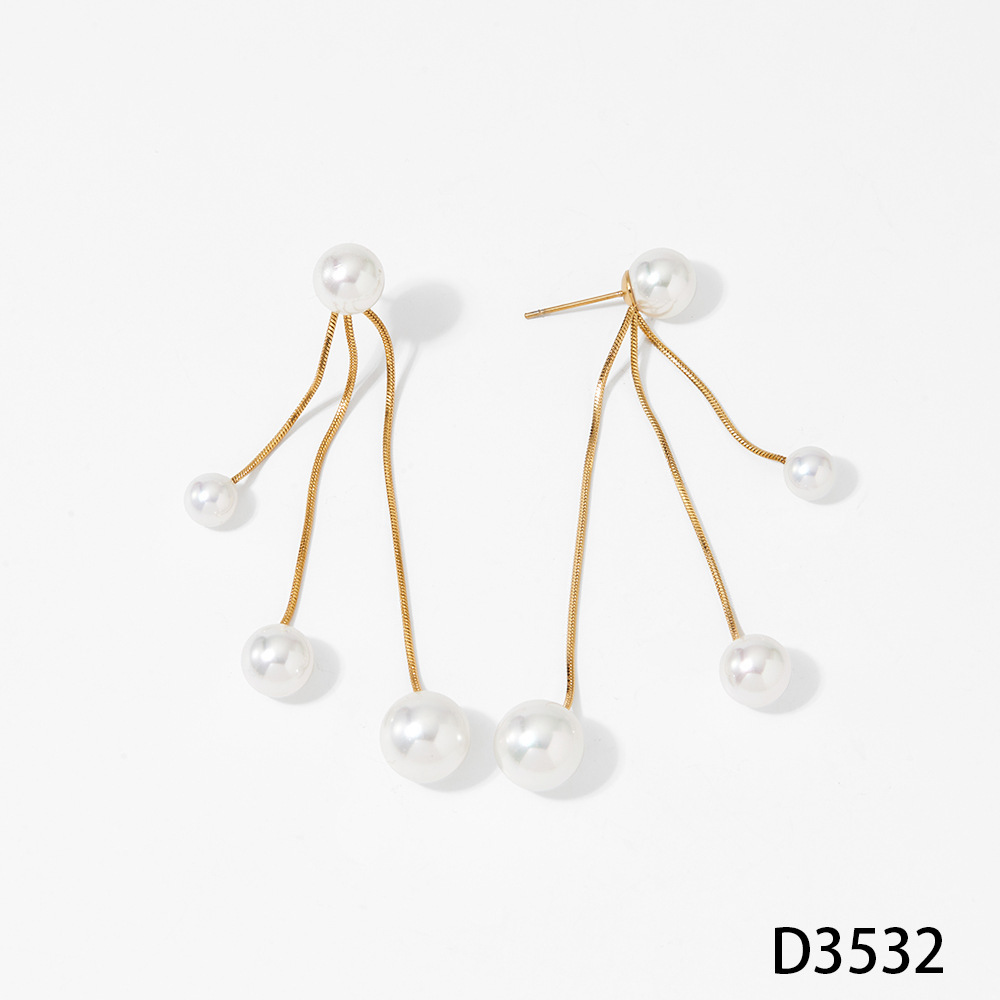Boucles D'Oreilles Pendantes Élégantes Pour Femmes, En Acier Inoxydable Imperméable, Couleur Or, Avec Pompon Et Perles.