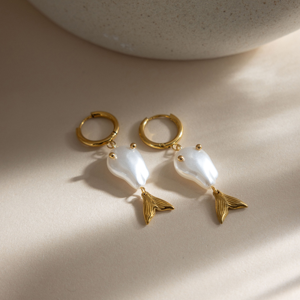 Boucles D'Oreilles Pendantes Pour Femme, Style Océanique, En Acier Inoxydable, Forme De Poisson, Couleur Or, Imperméables, Avec Perles Image2