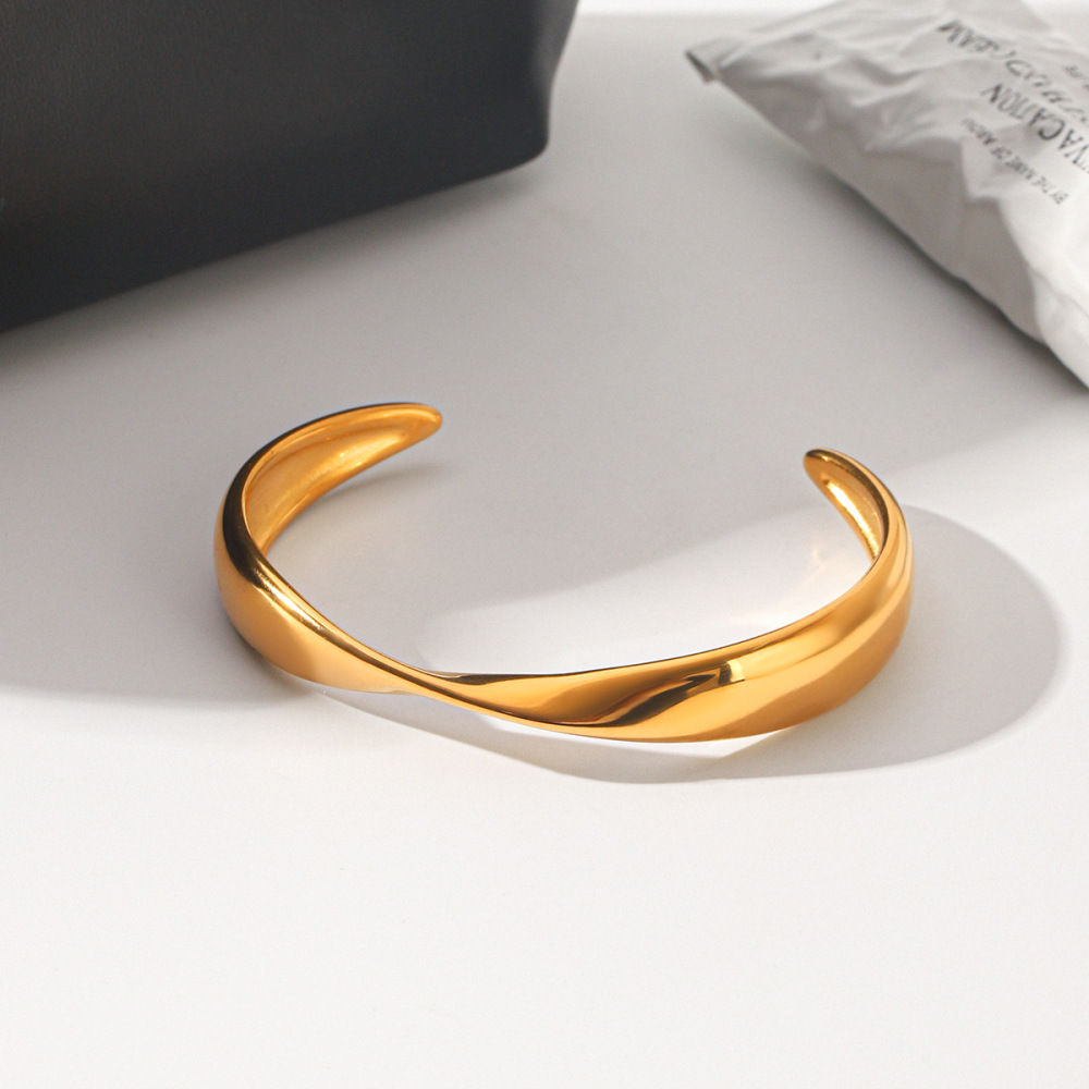 Bracelets Manchettes Pour Femmes En Acier Inoxydable Doré, Lignes Unies Et Étanches, À Porter Au Quotidien. h5Image5