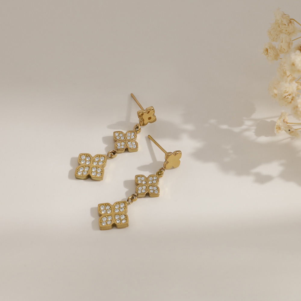Boucles D'Oreilles Pendantes Pour Femme, Élégantes Et Raffinées, En Acier Inoxydable Doré, Ornées De Strass, Collection Simple Series. Image4