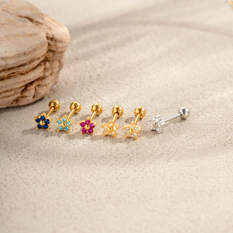 Boucles D'Oreilles Piercing Pour Femme, Motif Floral Simple, Couleur Cuivre Doré Et Zircon. Image4