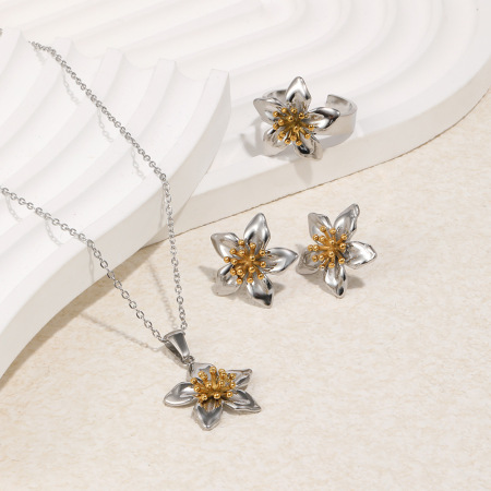 Ensembles de bijoux pour femmes en acier inoxydable doré, étanches, avec motif floral classique mêlant or et argent.