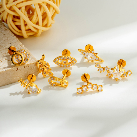 Boucles d'oreilles piercing pour femmes, collection Simple, en forme d'étoile et feuille, couleur cuivre doré et zircon.