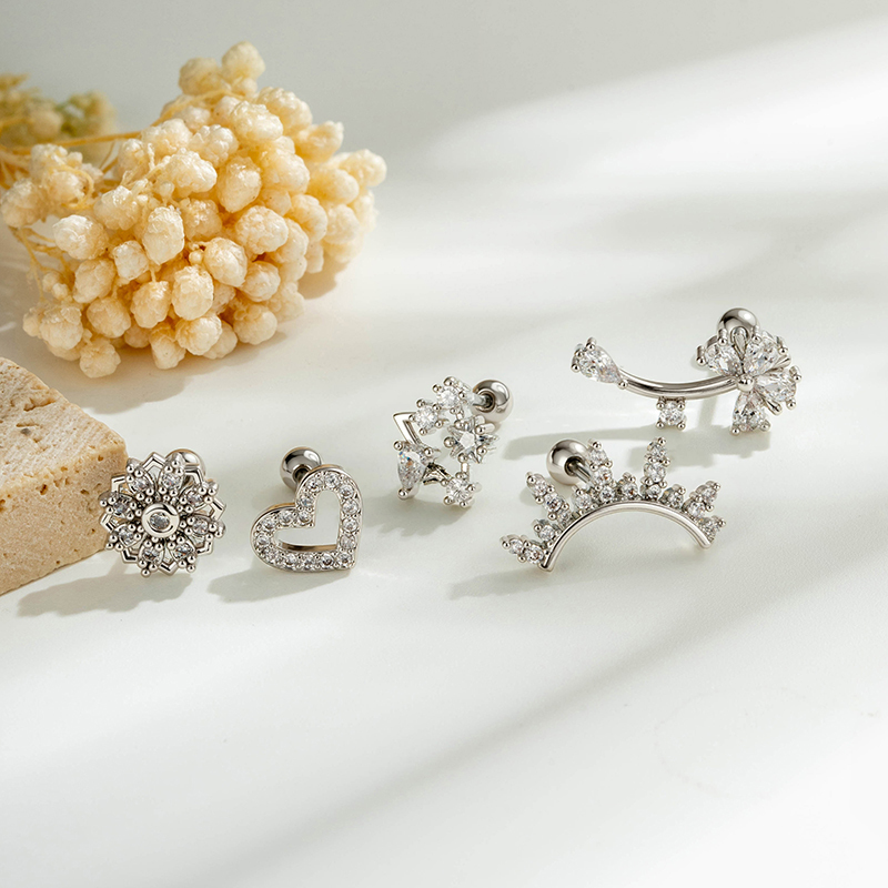 Boucles D'Oreilles Piercing Femme, Forme Simple Cœur Et Étoile, Zircon Couleur Cuivre Doré Image5