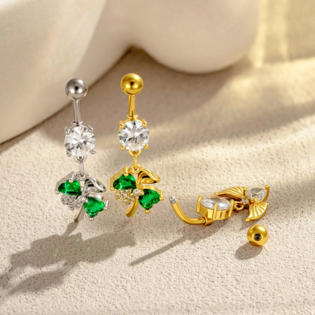 Piercing nombril de luxe en forme de cœur et de feuille, couleur cuivre et or, avec zircon. 2