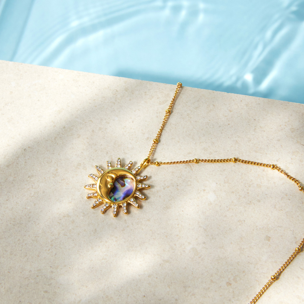 Colliers Pendentifs Rétro Soleil Et Lune En Acier Inoxydable, Couleur Or, Avec Strass Et Coquillage Image4