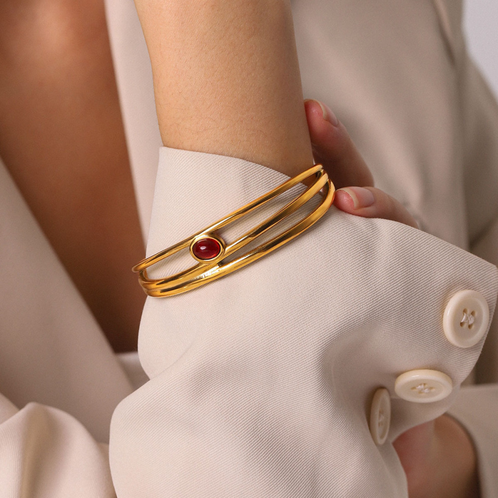 Bracelets Manchettes Rétro En Acier Inoxydable Étanche Couleur Or Avec Pierre Naturelle Pour Femmes h5Image5
