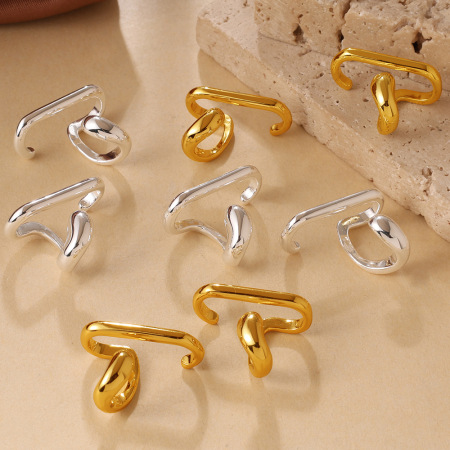 Boucles d'oreilles à clip pour femmes, collection Simple Series Daily, lignes irrégulières, couleur cuivre doré 2