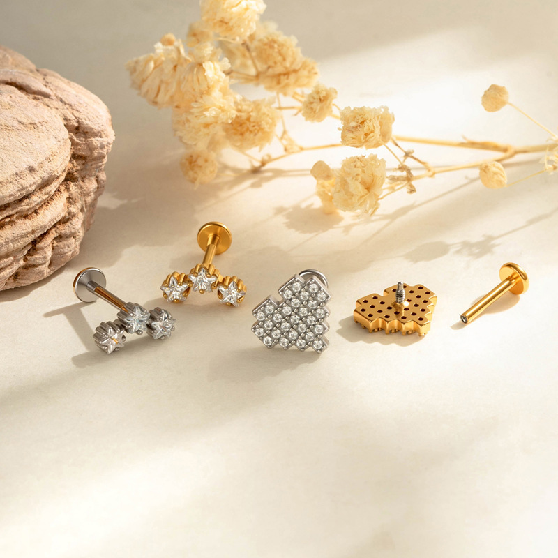 Boucles D'Oreilles Piercing Femme En Acier Inoxydable Étanche, Couleur Or, Motif Cœur, Nœud Papillon Et Étoile Image3