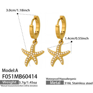 Boucles D'Oreilles Pendantes Pour Femme En Acier Inoxydable, Imperméables, Couleur Or, Avec Zircon Et Motif Étoile De Mer h5 