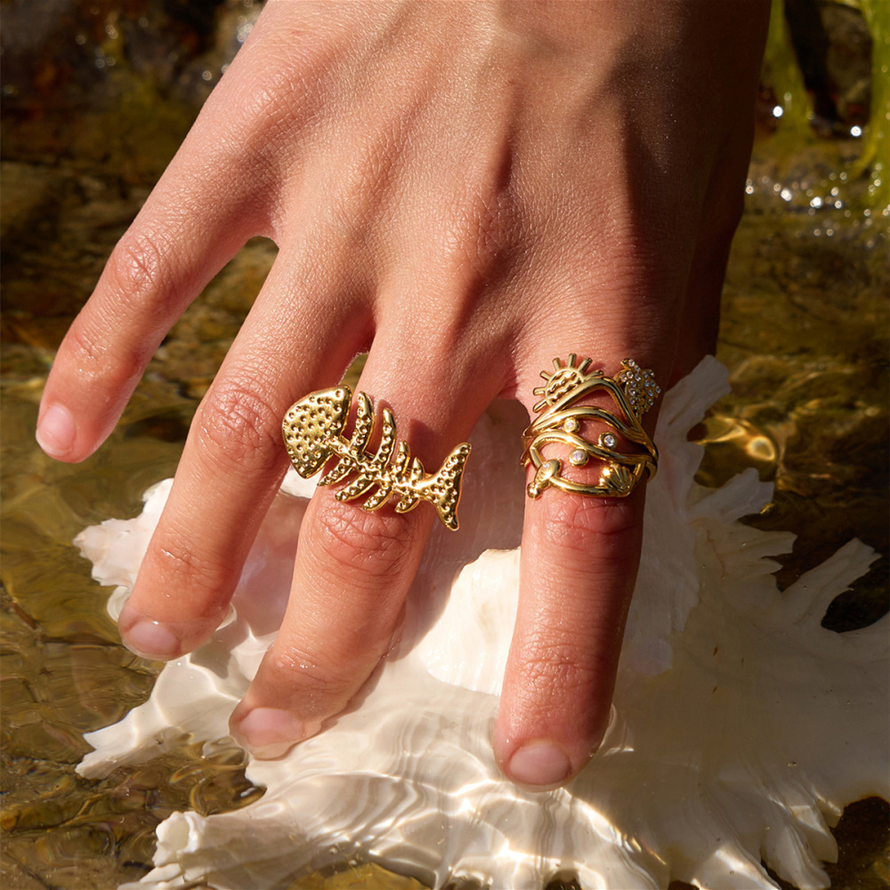 Bagues Tendance Romantiques En Acier Inoxydable, Couleur Or, Motif Poisson Et Étoile De Mer Mignons, Collection Romantique Image4