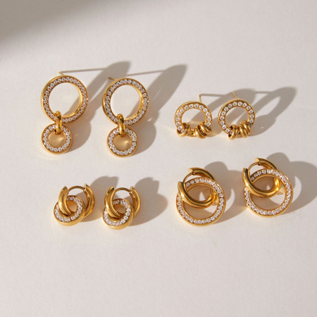 Boucles d'oreilles pendantes pour femmes, rondes, en acier inoxydable étanche, couleur or, avec zircon.