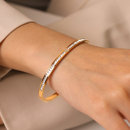 Bracelet jonc pour femme Simple Series Daily Ellipse Shape en acier inoxydable, couleur or, étanche, avec zircon 2