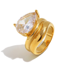 Bagues Pour Femmes En Acier Inoxydable Doré, Élégantes Et Imperméables, Ornées De Pierres Précieuses, Collection Luxueuse Series Elegant Droplet. h5 