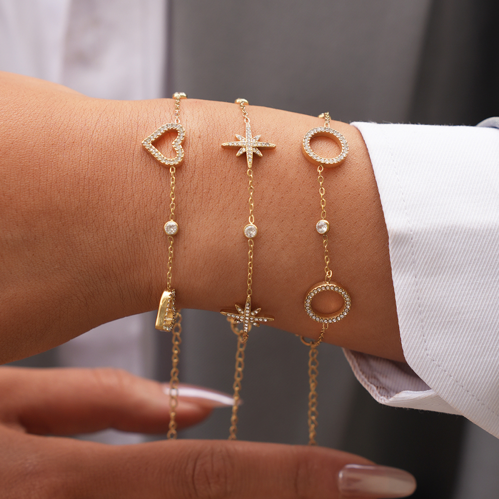 Bracelet Chaîne Femme Simple Et Quotidien En Acier Inoxydable, Étanche, Couleur Or, Motif Cœur Et Étoile. Image5