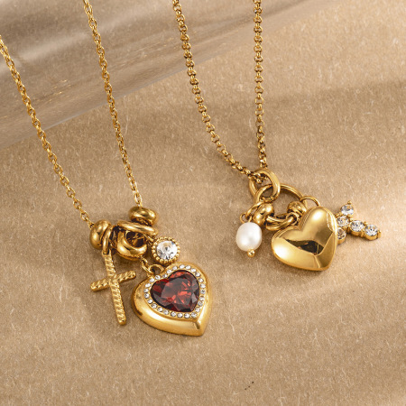 Colliers pendentifs pour femmes en forme de cœur, en acier inoxydable étanche, couleur or et zircon. 2