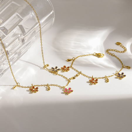 Ensembles de bijoux pour femmes élégants en acier inoxydable doré, ornés de zircon et de fleurs, de la série romantique 2