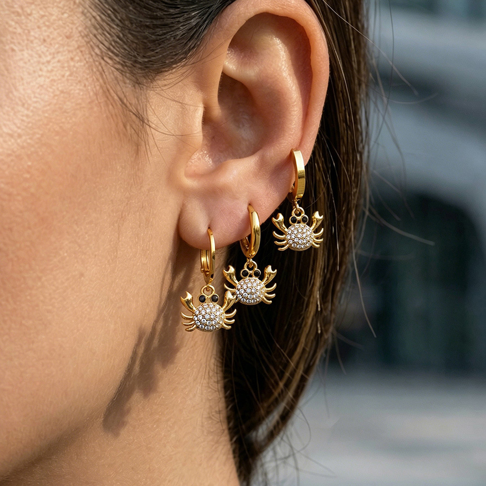 Boucles D'Oreilles Pendantes Pour Femme, Style Crabe Océanique, En Acier Inoxydable Étanche, Couleur Or Et Zircon. Image4