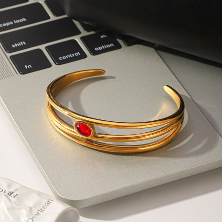 Bracelets manchettes rétro en acier inoxydable étanche couleur or avec pierre naturelle pour femmes 2