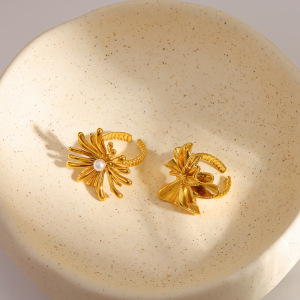 Bague Élégante En Acier Inoxydable, Imperméable, Couleur Or, Avec Perle Artificielle Et Motif Floral. h5 Image2