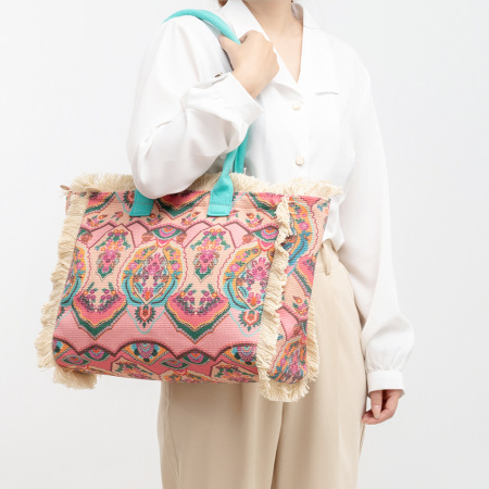 Sac Cabas En Toile Pour Femme, Style Bohème, À Pompons Floraux De Forme Irrégulière, Motifs Cachemire Multicolores Et Géométriques. 2