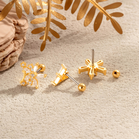 Boucles d'oreilles piercing femme, motif fleur simple, étoile, triangle, serpent, couleur cuivre doré et zircon. 2