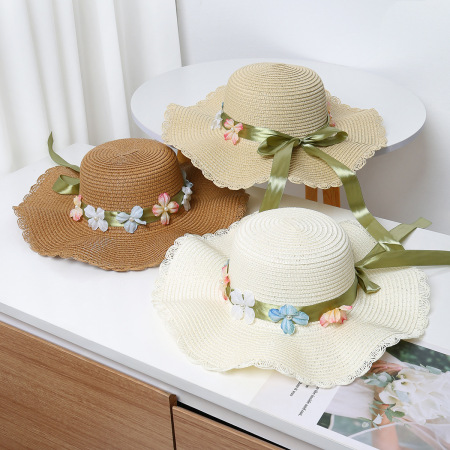 Chapeaux de paille en raphia pour femmes, collection Simple, avec nœud floral et ruban, style vacances