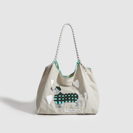 Sac fourre-tout femme en nylon à motif teckel duveteux et froncé, style décontracté