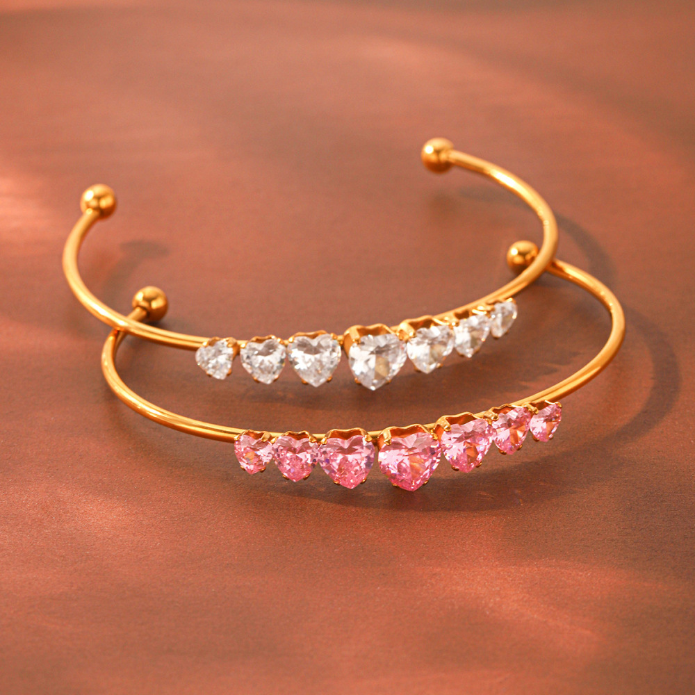 Bracelet Jonc Pour Femme Simple Series Daily Heart Ellipse Shape En Acier Inoxydable, Couleur Or, Avec Zircon, Étanche Image4