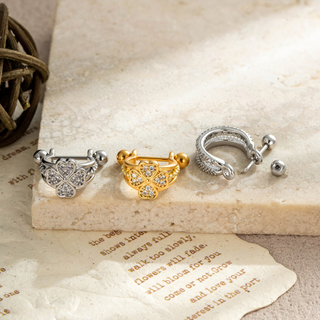 Boucles d'oreilles piercing pour femme, collection Luxe, motif cœur et feuille, couleur cuivre doré et zircon. 2