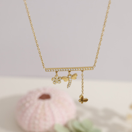  Colliers pendentifs pour femmes, collection romantique, en acier inoxydable, étanches, couleur or, avec zircon et motif floral. 2