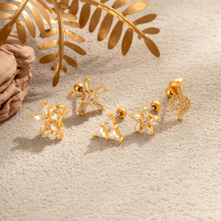 Boucles d'oreilles piercing femme, motif fleur simple, étoile, triangle, serpent, couleur cuivre doré et zircon.