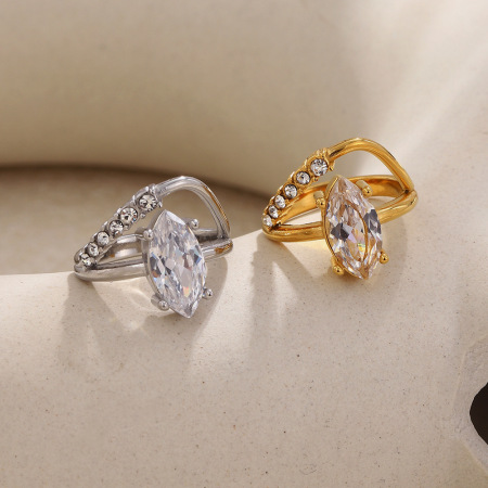 Bagues pour femmes en acier inoxydable doré, imperméables, de forme irrégulière et luxueuse, ornées de zircon et serties de pierres précieuses. Elles sont ornées d'une goutte d'eau et d'un zircon de couleur. 2