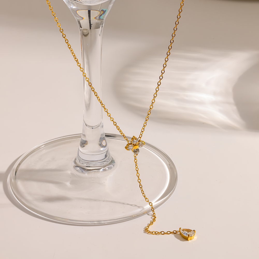 Colliers Pendentifs Romantiques Et Élégants En Forme De Goutte De Fleur, En Acier Inoxydable Étanche, Couleur Or Et Zircon, Pour Femmes h5Image4