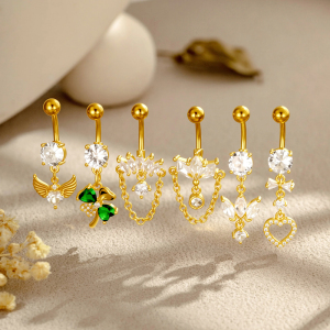 Piercing Nombril De Luxe En Forme De Cœur Et De Feuille, Couleur Cuivre Et Or, Avec Zircon. h5 Image4