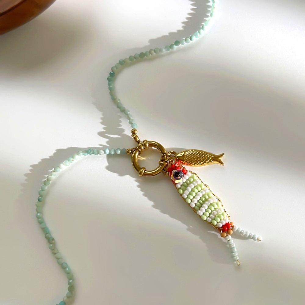 Colliers De Perles Pour Femmes, Motif Poisson De Vacances, En Acrylique Doré Et Cristal Image4