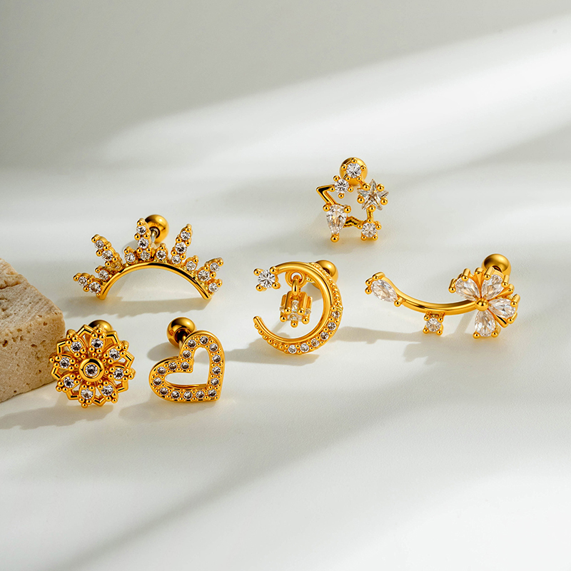 Boucles D'Oreilles Piercing Femme, Forme Simple Cœur Et Étoile, Zircon Couleur Cuivre Doré Image4