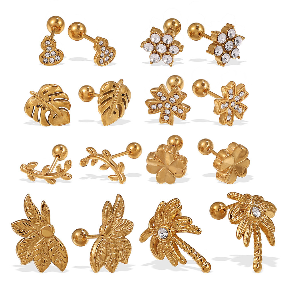 Boucles D'Oreilles Puces Pour Femmes En Acier Inoxydable Doré, Imperméables, Ornées De Strass Et Représentant Des Fleurs Image4